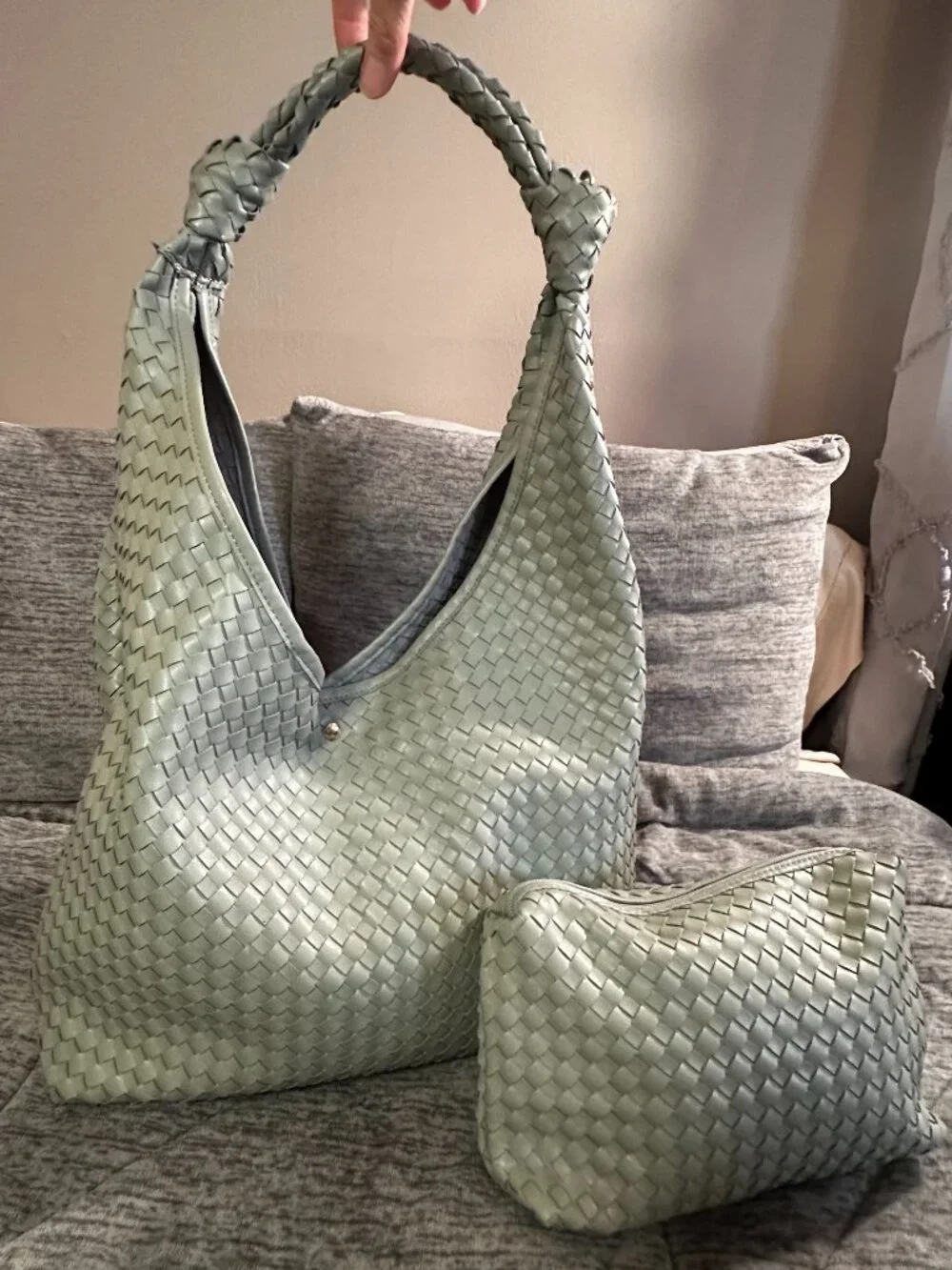URBN / Anthropologie Woven Love Knot Hobo Bag & Pouch – Sage Mint Green (EUC)